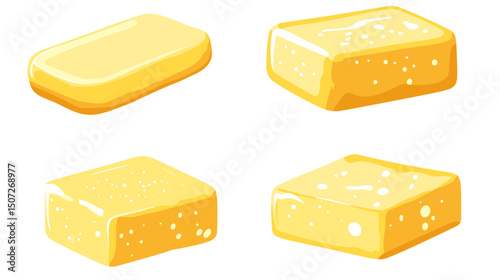 Assorted Yellow Soaps in Rectangular and Cubic Forms on White Backdrop for Hygiene and Sanitation