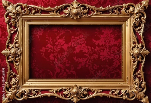 Elegant golden frame set against a rich red patterned backdrop for art display