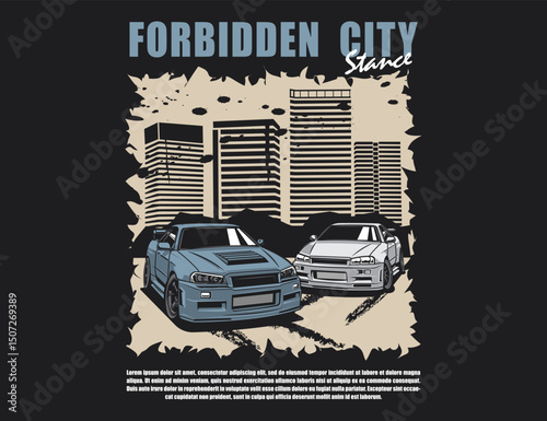 cool double 90s car vector image with city grunge background graphic design