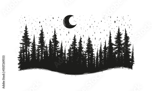 Engraved Night Landscape Vector Illustration, crescent moon and pine tree silhouettes, starry night forest art, tranquil wilderness, mountain trees, peaceful nature scene, christmas tree