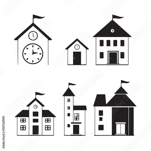 Simple black and white school building icons set