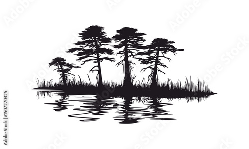 Forest silhouette, cypress tree vector, wetland nature icons set, botanical element, seasonal landscape, hand-drawn trees, swamp vegetation, ecosystem scene, vector illustration.