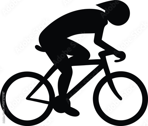 Silhouette of a Cyclist Riding a Bicycle, Isolated on White, Illustrating Sport and Fitness.                                                          