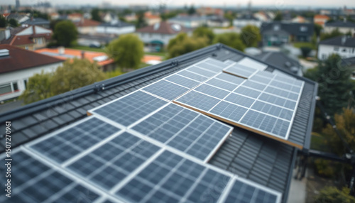 Solar panels on rooftop, showcasing renewable energy technology in suburban area
