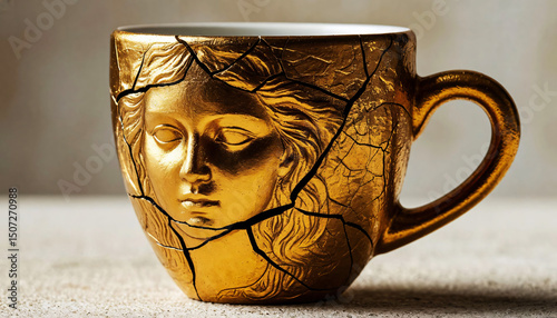 Mug with a sculpted classic gold colored face accented with visible black cracks reminiscent of the kintsugi aesthetic.