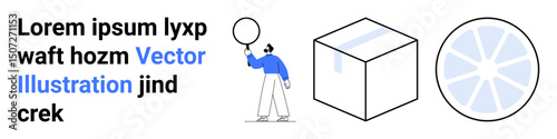 Person holding balloon, text design element, cube with shadow, and abstract wheel. Ideal for creativity, geometry, education, communication, design innovation and simple landing page
