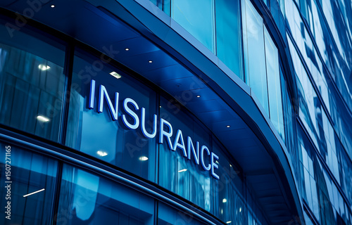 Modern insurance building with illuminated signage in urban setting