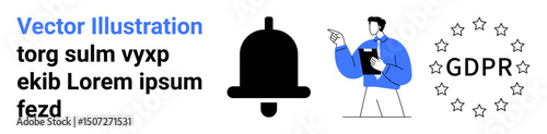 Notification bell, professional holding clipboard and GDPR emblem emphasize digital security, compliance, and regulation. Ideal for legal services, cybersecurity, privacy policy, user consent