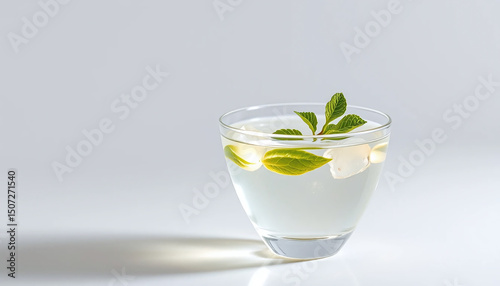 Refreshing drink with mint leaves and ice cubes in glass