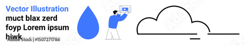 Blue water droplet, individual holding laptop, connected cloud graphic. Ideal for technology, data storage, cloud services, environment, innovation, business tools simple landing page