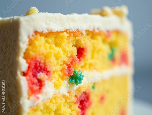 A closeup of a slice of twolayered cake with white frosting and colorful sprinkles in the yellow cake photo