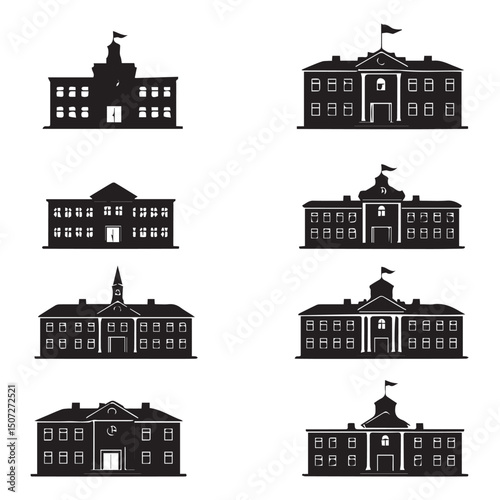 Collection of black and white school building silhouettes