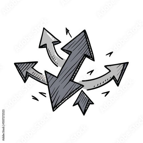 Hand-drawn arrows diverge in multiple directions, creating a concept of choice and different paths, isolated on white in a business concept image.    