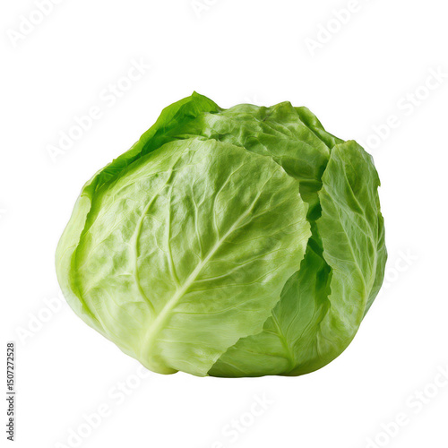 A fresh green cabbage head with tightly packed leaves sits isolated against a clean white background, showcasing its vibrant color and crisp texture perfectly.