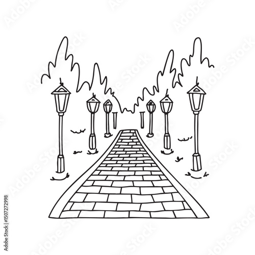 A torch lit cobblestone trail winding through the forest