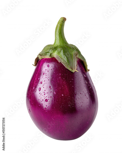 An isolated, vibrant purple eggplant with a glossy surface and delicate water droplets rests against a clean white background in a simple studio shot presentation.