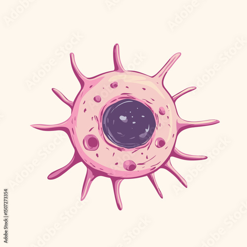Microscopic Pink and Purple Cell Organism Pixel Art Illustration with Spiky Appendages on a Beige Background