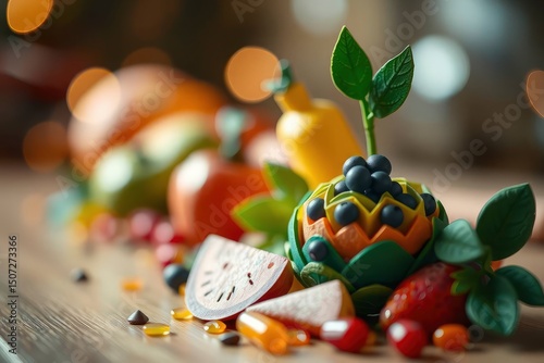 A wooden surface displays toy fruits orange strawberry watermelon plus blueberrytopped art and a bottleshaped object Soft lights blur background photo