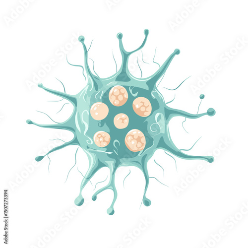 Microscopic View of a Teal Virus Cell with White Orbs Floating on a White Background