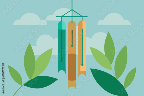 Vector illustration of a green plant with a city skyline, including a tower and building architecture, under a natural sky with clouds, conceptualizing a new urban landscape design
