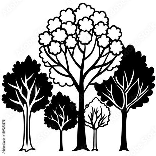 Deciduous Tree Silhouettes – Black Vector on White