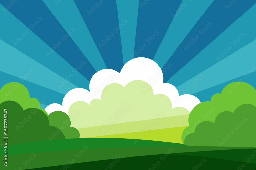Obraz premium Vector cartoon illustration of a summer landscape with green grass, trees, and sunny sky with clouds over a field and hills