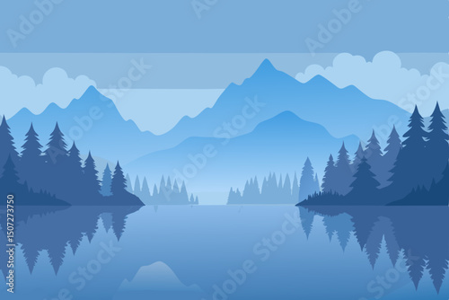 Morning mist over a serene mountain lake reflecting the winter forest and snow-capped peaks under a vast sky