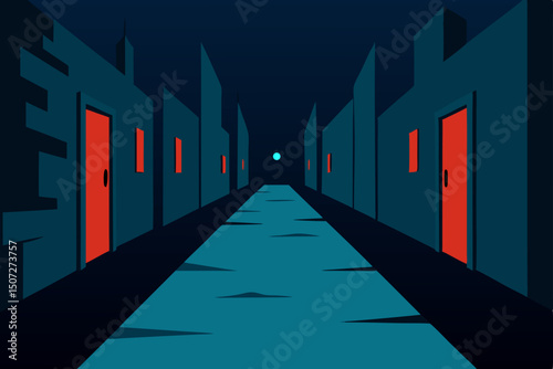 Night city street with urban architectural design and glowing light perspective