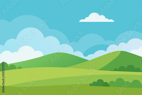 Summer nature landscape with green hills, blue sky, and clouds
