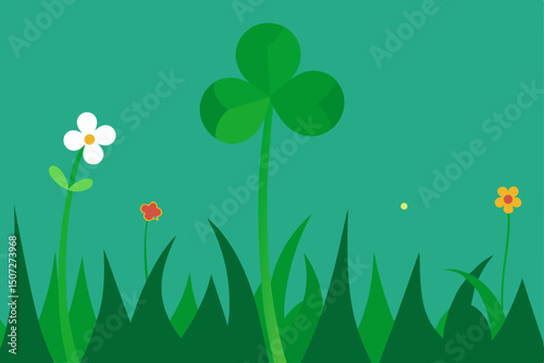 A vibrant St Patrick's Day background features a clover in the green grass, celebrating the spring season