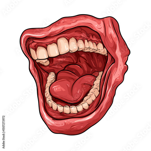 Opened Mouth Illustration of Human Anatomy with Visible Tongue Teeth and Throat in Red and White Tone