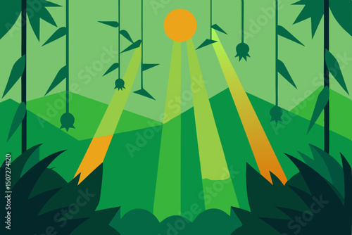 Green bamboo forest nature background with tree leaves and summer plant design