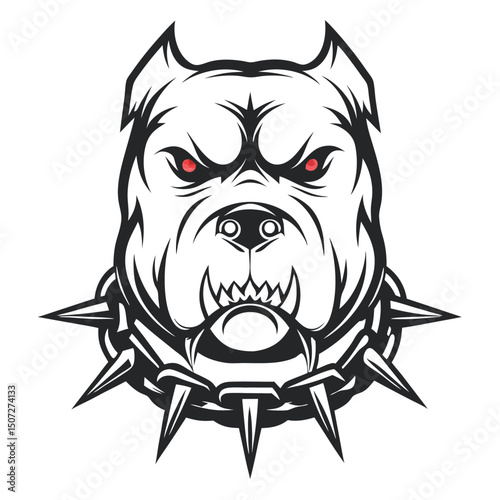 Stylized Vector Illustration of an Angry Pit Bull Head with Spiked Collar and Red Eyes on a White Background                                          