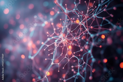 Closeup nerve cells branches and connections with spheres and glowing dots against a dark blurred backdrop
