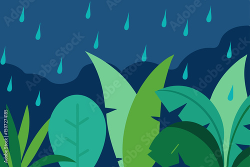 Night forest vector illustration with blue light and swimming fish silhouette