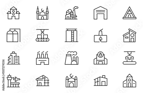 Factory outline Icon Set. A dynamic collection of icons representing manufacturing perfect for engineering. Editable stroke. Vector illustration