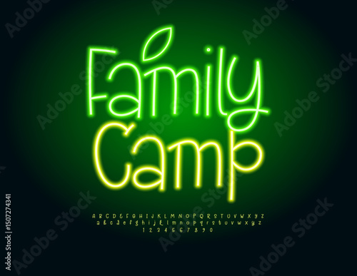 Vector Ecologic template Family Camp. Glowing Playful Font. Funny Neon Alphabet Letters and Numbers set. 