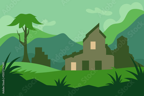Vector illustration of a village landscape with houses, trees, and sky, depicting rural country life or a charming summer town