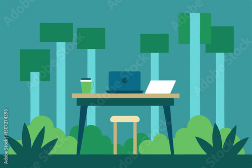 Modern office interior design features a comfortable desk and chair with a unique green grass element