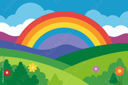 Vector cartoon illustration of a summer mountain landscape with a vibrant rainbow, green grass, trees, and flowers under a cloudy sky