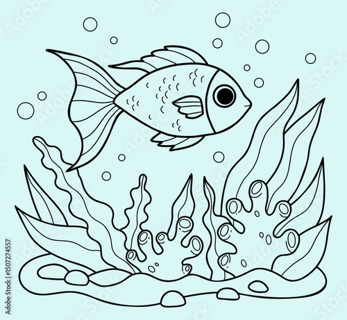 Outline Tropical Fish with algae and corals on seabed. Guppy goldfish. Coloring Page. Line drawing. Vector illustration. Kids collection