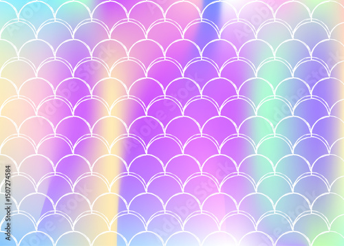 Holographic mermaid background with gradient scales. Bright color transitions. Fish tail banner and invitation. Underwater and sea pattern for girlie party. Spectrum back with holographic mermaid.