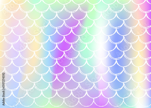Holographic mermaid background with gradient scales. Bright color transitions. Fish tail banner and invitation. Underwater and sea pattern for girlie party. Retro back with holographic mermaid.