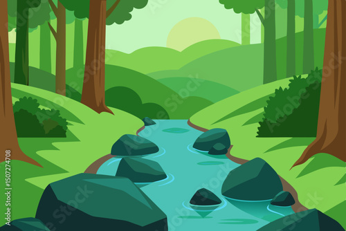 Green summer forest landscape with a river flowing through hills and mountains under a cloudy sky