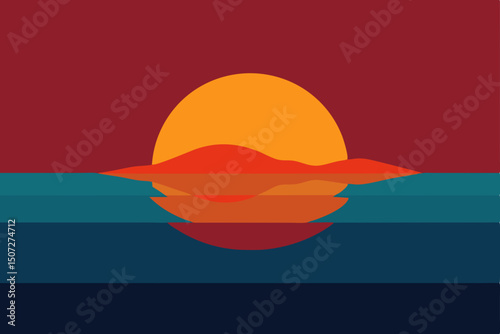 Vector illustration of a summer sunset over the ocean with a sun and waves, perfect for travel or nature designs