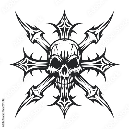 Monochrome Skull Design with Tribal Ornamental Cross on White, High Resolution Vector                                                                 