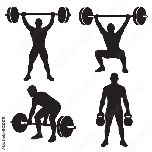 set of vector silhouette of weightlifters. Barbell, stone. dumbbell
