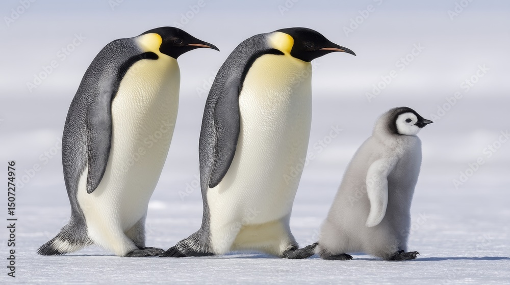 Fototapeta premium Emperor Penguins and Chick Walking on Ice - Two adult emperor penguins and a fluffy chick stroll across a pristine white icy landscape