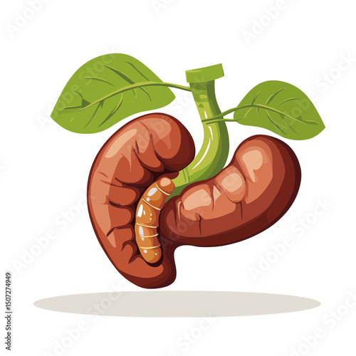 Pixelated Illustration of a Human Kidney with Green Stem and Leaves on White Background