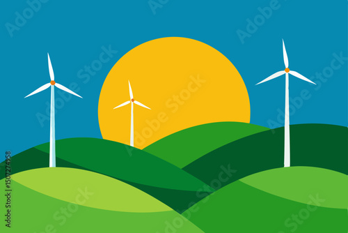 Wind turbines generate green energy in a natural field landscape under a blue sky, illustrating renewable power technology
